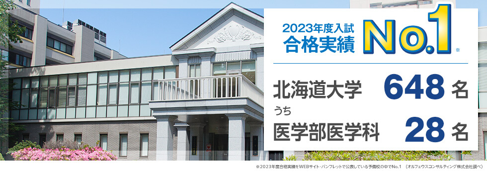 【2023年度入試 合格実績No.1※】北海道大学648名、うち医学部医学科28名　※2023年度合格実績をWEBサイト・パンフレットで公表している予備校の中でNo.1（オルフェウスコンサルティング株式会社調べ）