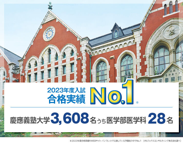 【2023年度入試 合格実績No.1※】慶應義塾大学3,608名、うち医学部医学科28名　※2023年度合格実績をWEBサイト・パンフレットで公表している予備校の中でNo.1（オルフェウスコンサルティング株式会社調べ）