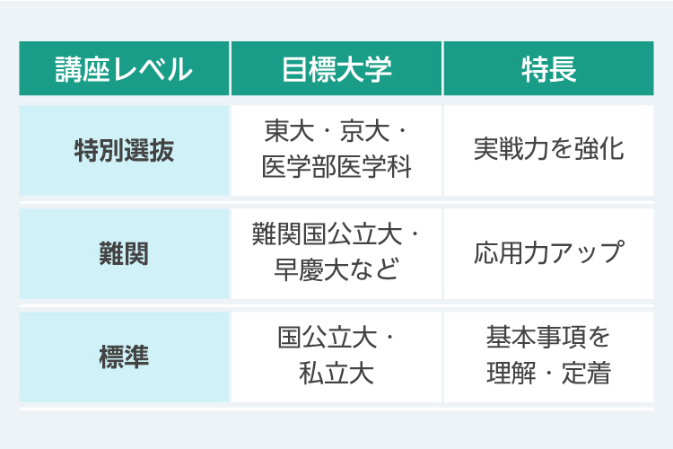 講座レベル：特別選抜、目標大学：東大・京大・医学部医学科、特長：実戦力を強化　講座レベル：難関、目標大学：難関国公立大・早慶大など、特長：応用力アップ　講座レベル：標準、目標大学：国公立大・私立大、特長：基本事項を理解・定着