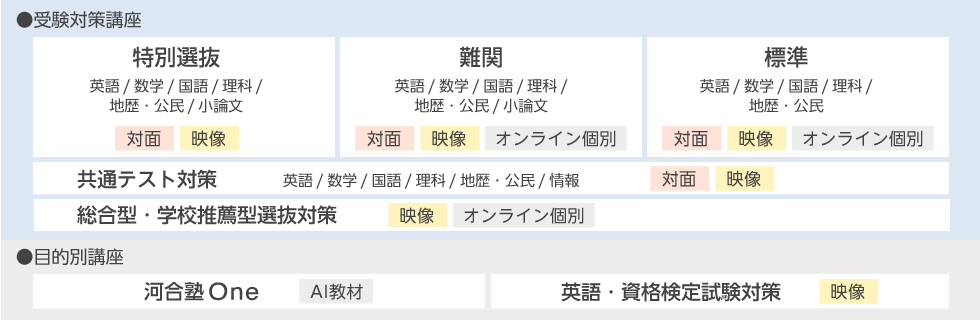 ●受験対策講座：特別選抜 英語/数学/国語/理科/地歴・公民/小論文（対面・映像）、難関 英語/数学/国語/理科/地歴・公民/小論文（対面・映像・オンライン個別）、標準 英語/数学/国語/理科/地歴・公民（対面・映像・オンライン個別）、共通テスト対策 英語/数学/国語/理科/地歴・公民/情報（対面・映像）、総合型・学校推薦型選抜対策（映像・オンライン個別）●目的別講座：河合塾Ｏｎｅ（AI教材）、英語・資格検定試験対策（映像）