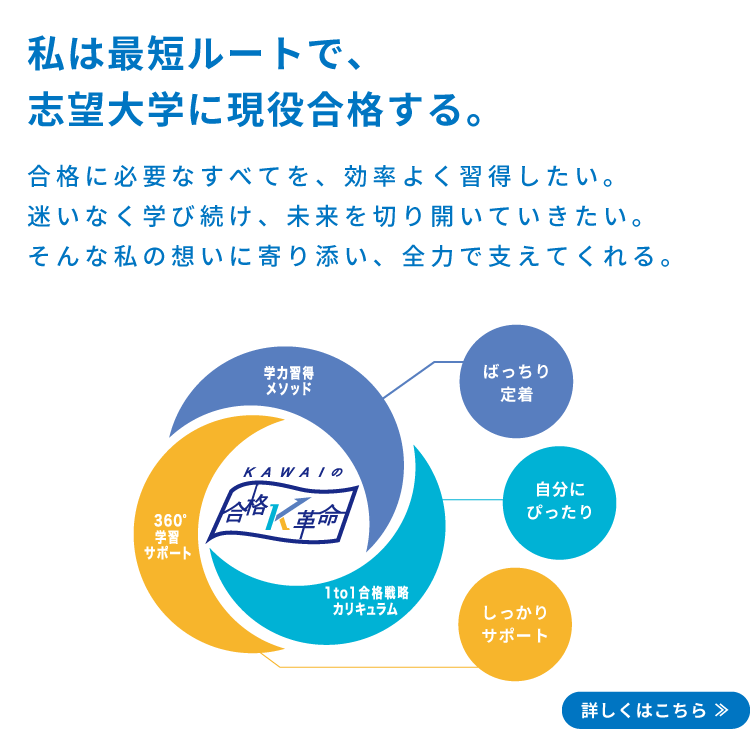 私は最短ルートで、志望大学に現役合格する。合格に必要なすべてを、効率よく習得したい。迷いなく学び続け、未来を切り開いていきたい。そんな私の想いに寄り添い、全力で支えてくれる。【学力習得メソッド】ばっちり定着【1to1合格戦略カリキュラム】自分にぴったり【360°学習サポート】しっかりサポート　詳しくはこちら