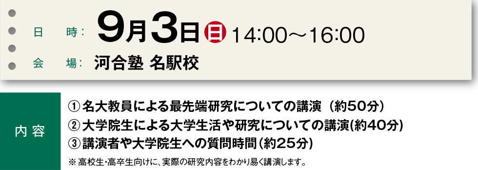 日時：9月3日（日）14：00～16：00 会場：河合塾 名駅校  内容　①名大教員による最先端研究についての講演（約50分）②大学院生による大学生活や研究についての講演（約40分）③講演者や大学院生への質問時間（約25分）※高校生・高卒生向けに、実際の研究内容をわかり易く講演します。