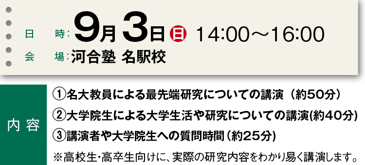 日時：9月3日（日）14：00～16：00 会場：河合塾 名駅校  内容　①名大教員による最先端研究についての講演（約50分）②大学院生による大学生活や研究についての講演（約40分）③講演者や大学院生への質問時間（約25分）※高校生・高卒生向けに、実際の研究内容をわかり易く講演します。