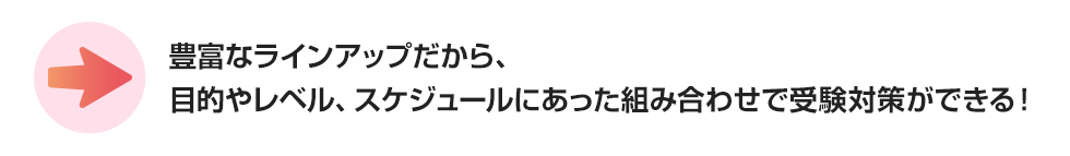 豊富なラインアップだから、目的やレベル、スケジュールにあった組み合わせで受験対策ができる！