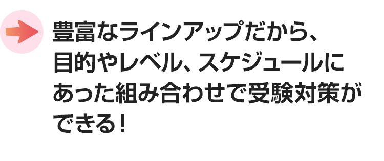 豊富なラインアップだから、目的やレベル、スケジュールにあった組み合わせで受験対策ができる！