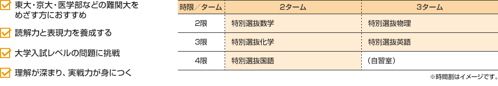 ・東大・京大・医学部などの難関大をめざす方におすすめ・読解力と表現力を養成する・大学入試レベルの問題に挑戦・理解が深まり、実戦力が身につく　[2ターム]2限：特別選抜数学 3限：特別選抜化学 4限：特別選抜国語[3ターム]2限：特別選抜物理 3限：特別選抜英語 4限：（自習室）※時間割はイメージです。