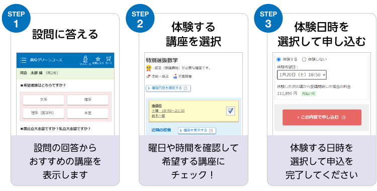 STEP1 設問に答える 設問の回答からおすすめの講座を表示します STEP2 体験する講座を選択 曜日や時間を確認して希望する講座にチェック！ STEP3 体験日時を選択して申し込む 体験する日時を選択して申込を完了してください