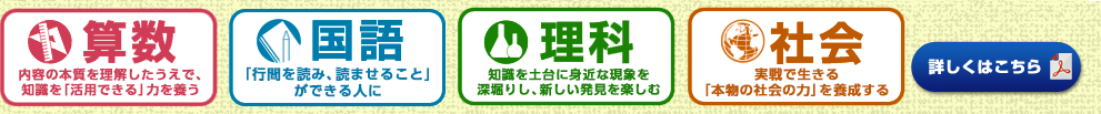 算数：内容の本質を理解したうえで、知識を「活用できる」力を養う 国語：「行間を読み、読ませること」ができる人に 理科：知識を土台に身近な現象を深掘りし、新しい発見を楽しむ  社会：実戦で生きる「本物の社会の力」を養成する 詳しくはこちら