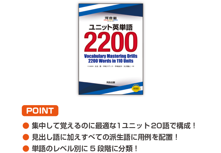 POINT ・集中して覚えるのに最適な1ユニット20語で構成！ ・見出し語に加えすべての派生語に用例を配置！ ・単語のレベル別に5段階に分類！