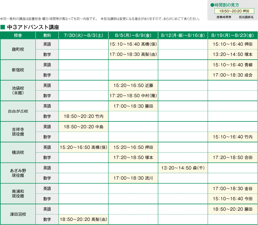 ※同一教科の講座は設置校舎・曜日・時間帯が異なっても同一内容です。　※担当講師は変更になる場合がありますので、あらかじめご了承ください。中3アドバンスト講座