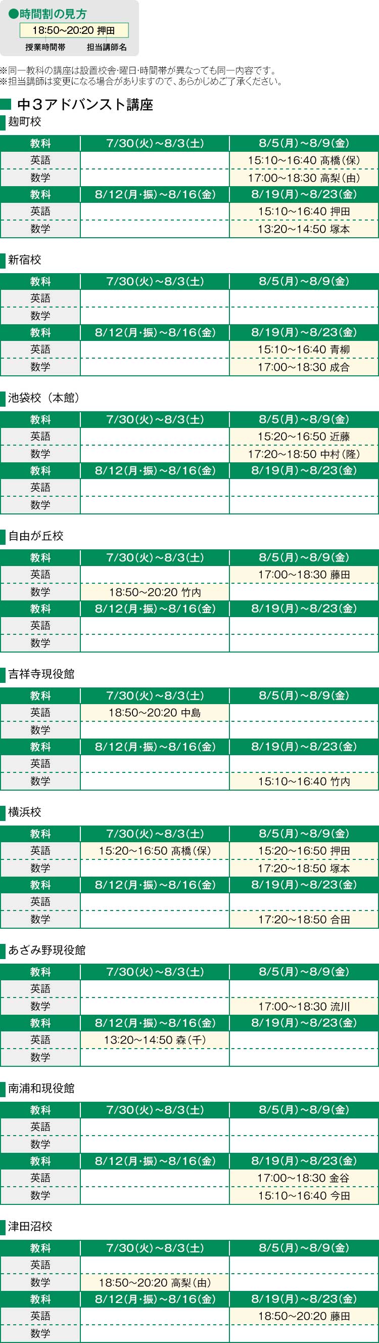※同一教科の講座は設置校舎・曜日・時間帯が異なっても同一内容です。　※担当講師は変更になる場合がありますので、あらかじめご了承ください。中3アドバンスト講座