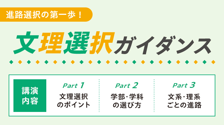 進路選択の第一歩！ 文理選択ガイダンス 講演内容 Part1 文理選択のポイント Part2 学部・学科の選び方 Part3 文系・理系ごとの進路
