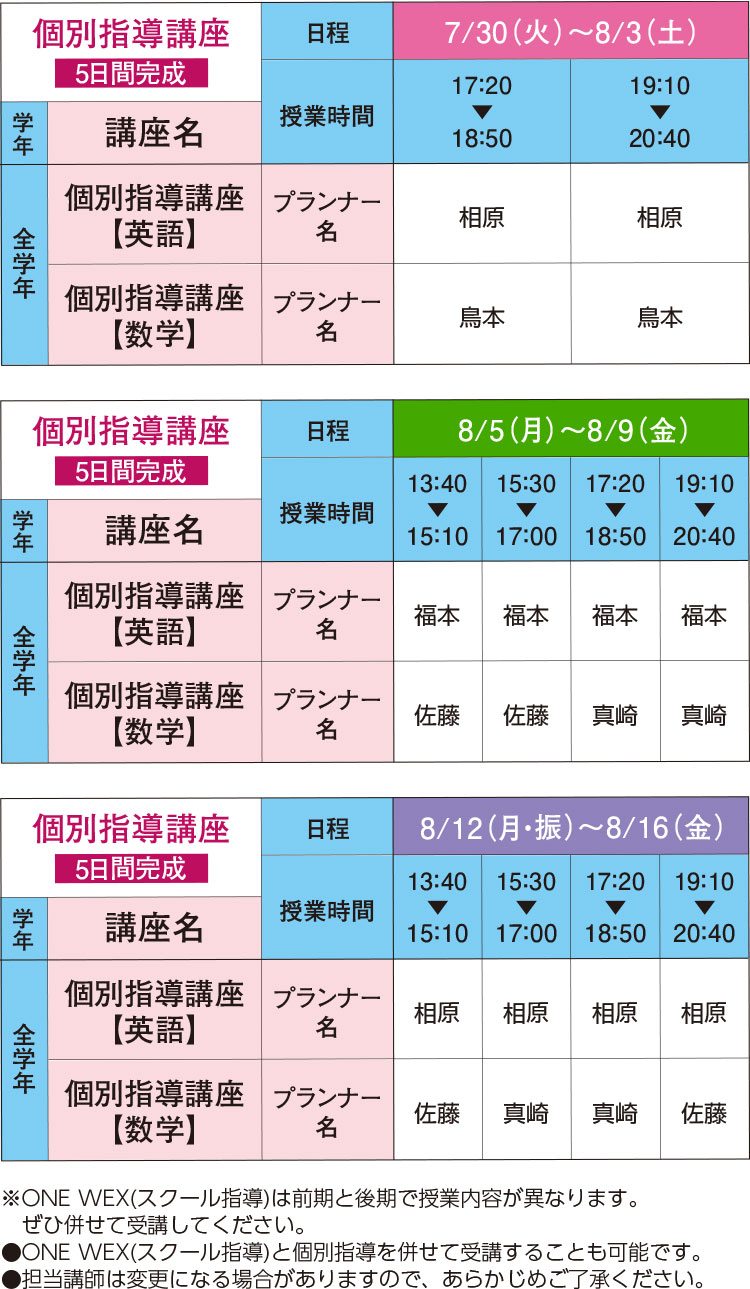 2024年度中学グリーンコース夏期講習時間割