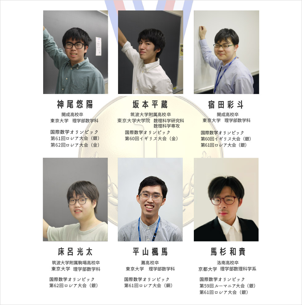 神尾悠陽 開成高校卒 東京大学 理学部数学科 国際数学オリンピック 第61回ロシア大会（銀） 第62回ロシア大会（金）／坂本平蔵 筑波大学附属高校卒 東京大学大学院 数理科学研究科 数理科学専攻 国際数学オリンピック 第60回イギリス大会（金）／宿田 彩斗 開成高校卒 東京大学 理学部数学科 国際数学オリンピック 第60回イギリス大会（銀） 第61回ロシア大会（銀）／床呂光太 筑波大学附属駒場高校卒 東京大学 理学部 数学科 国際数学オリンピック 第62回ロシア大会（銀）／平山楓馬 灘高校卒 東京大学 理学部数学科 国際数学オリンピック 第61回ロシア大会（銅）／馬杉 和貴 洛南高校卒 京都大学 理学部数理科学系 国際数学オリンピック 第59回ルーマニア大会（銀） 第61回ロシア大会（銀）