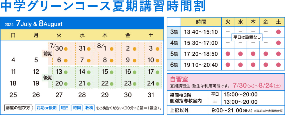 中学グリーンコース 夏期講習時間割