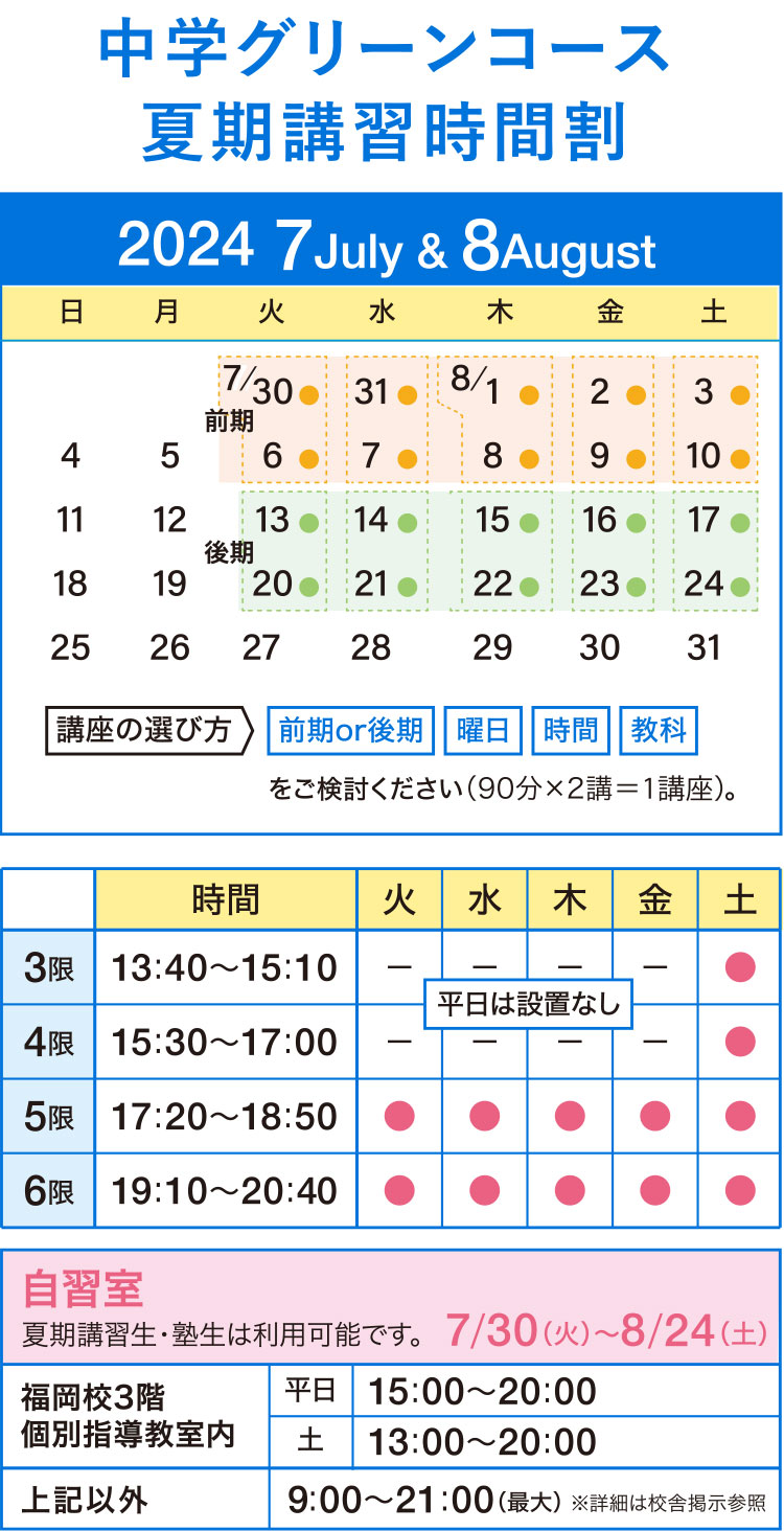 中学グリーンコース 夏期講習時間割