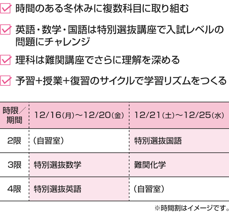 ・時間のある冬休みに複数科目に取り組む・英語・数学・国語は特別選抜講座で入試レベルの問題にチャレンジ・理科は難関講座でさらに理解を深める・予習+授業+復習のサイクルで学習リズムをつくる [12/16（月）～12/20（金）]2限：（自習室） 3限：特別選抜数学 4限：特別選抜英語[12/21（土）～12/25（水）]2限：特別選抜国語 3限：難関化学 4限：（自習室）※時間割はイメージです。