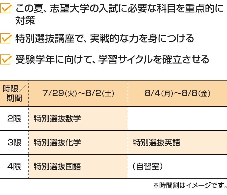 ・この夏、志望大学の入試に必要な科目を重点的に対策 ・特別選抜講座で、実戦的な力を身につける ・受験学年に向けて、学習サイクルを確立させる [7/29（火）～8/2（土）]2限：特別選抜数学 3限：特別選抜化学 4限：特別選抜国語[8/4（月）～8/8（金）]3限：特別選抜英語 4限：（自習室）※時間割はイメージです。