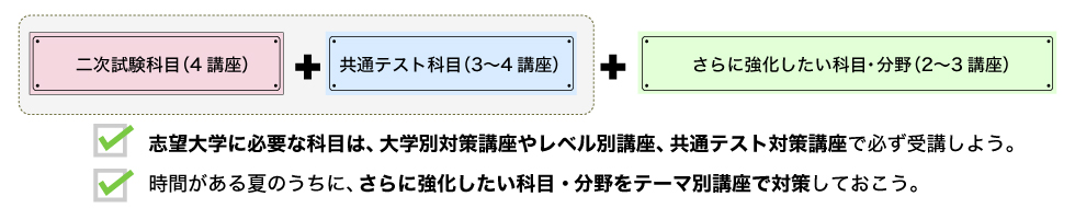 二次試験科目（4講座）＋共通テスト科目（3～4講座）＋さらに強化したい科目・分野（2～3講座）　志望大学に必要な科目は、大学別対策講座やレベル別講座、共通テスト対策講座で必ず受講しよう。時間がある夏のうちに、さらに強化したい科目・分野をテーマ別講座で対策しておこう。