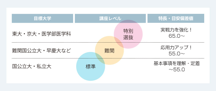 目標大学：東大・京大・医学部医学科、講座レベル：特別選抜、特長・目安偏差値：実戦力を強化！65.0～　目標大学：難関国公立大・早慶大など、講座レベル：難関、特長・目安偏差値：応用力アップ！55.0～　目標大学：国公立大・私立大、講座レベル：標準、特長・目安偏差値：基本事項を理解・定着～55.0