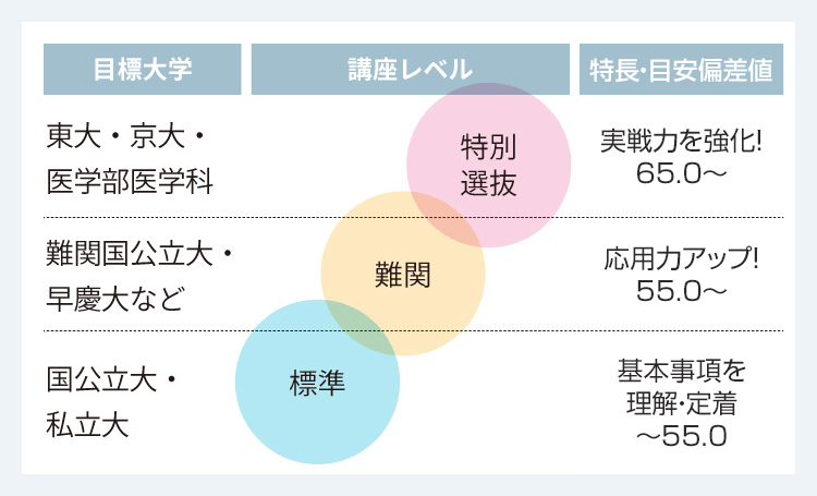 目標大学：東大・京大・医学部医学科、講座レベル：特別選抜、特長・目安偏差値：実戦力を強化！65.0～　目標大学：難関国公立大・早慶大など、講座レベル：難関、特長・目安偏差値：応用力アップ！55.0～　目標大学：国公立大・私立大、講座レベル：標準、特長・目安偏差値：基本事項を理解・定着～55.0