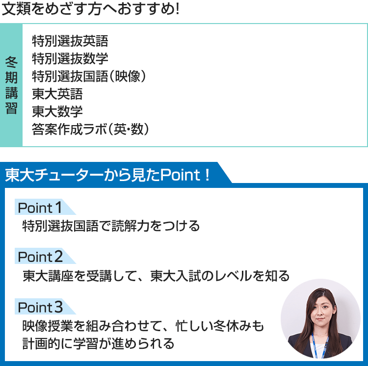 文類をめざす方へおすすめ！【冬期講習】特別選抜英語、特別選抜数学、特別選抜国語（映像）、東大英語、東大数学、答案作成ラボ（英・数） 東大チューターから見たPoint！ Point1 特別選抜国語で読解力をつける Point2 東大講座を受講して、東大入試のレベルを知る Point3 映像授業を組み合わせて、忙しい冬休みも計画的に学習が進められる