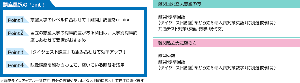 講座選択のPoint！ 志望大学のレベルに合わせて「難関」講座をchoice！ 国立の志望大学の対策講座がある科目は、大学別対策講座もあわせて受講がおすすめ 「ダイジェスト講座」も組み合わせて効率アップ！ 映像講座を組み合わせ、空いている時間を活用 ■難関国公立大志望の方 難関・標準国語 【ダイジェスト講座】冬から始める入試対策英語（特別選抜・難関） 共通テスト対策（英語・数学・現代文） ■難関私立大志望の方 難関英語 難関・標準国語 【ダイジェスト講座】冬から始める入試対策数学（特別選抜・難関） ※講座ラインアップは一例です。自分の志望や学力レベル、目的にあわせて自由に選べます。
