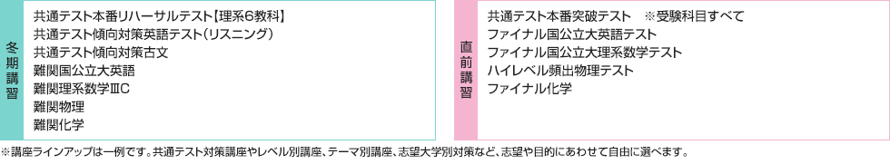■冬期講習 共通テスト本番リハーサルテスト【理系6教科】 共通テスト傾向対策英語テスト（リスニング） 共通テスト傾向対策古文 難関国公立大英語 難関理系数学ⅢC 難関物理 難関化学 ■直前講習 共通テスト本番突破テスト※受験科目すべて ファイナル国公立大英語テスト ファイナル国公立大理系数学テスト ハイレベル頻出物理テスト ファイナル化学 ※講座ラインアップは一例です。共通テスト対策講座やレベル別講座、テーマ別講座、志望大学別対策など、志望や目的にあわせて自由に選べます。