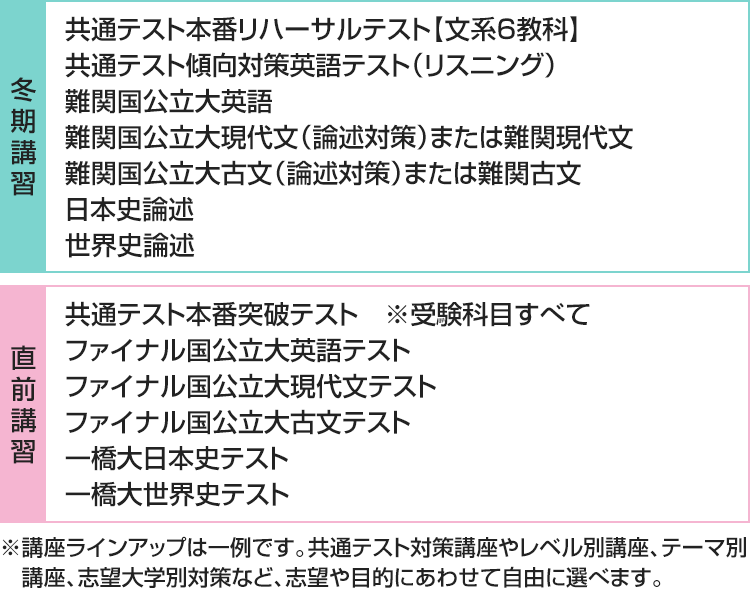 ■冬期講習 共通テスト本番リハーサルテスト【文系6教科】 共通テスト傾向対策英語テスト（リスニング） 難関国公立大英語 難関国公立大現代文（論述対策）または難関現代文 難関国公立大古文（論述対策）または難関古文 日本史論述 世界史論述 ■直前講習 共通テスト本番突破テスト※受験科目すべて ファイナル国公立大英語テスト ファイナル国公立大現代文テスト ファイナル国公立大古文テスト 一橋大日本史テスト 一橋大世界史テスト ※講座ラインアップは一例です。共通テスト対策講座やレベル別講座、テーマ別講座、志望大学別対策など、志望や目的にあわせて自由に選べます。