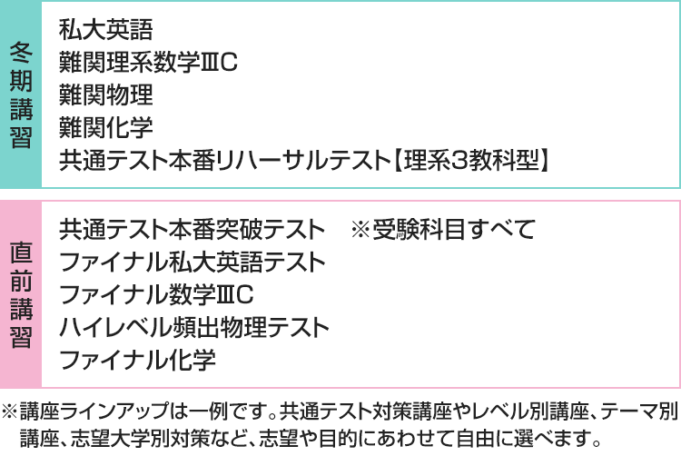 ■冬期講習 私大英語 難関理系数学ⅢC 難関物理 難関化学 共通テスト本番リハーサルテスト【理系3教科型】 ■直前講習 共通テスト本番突破テスト※受験科目すべて ファイナル私大英語テスト ファイナル数学ⅢC ハイレベル頻出物理テスト ファイナル化学 ※講座ラインアップは一例です。共通テスト対策講座やレベル別講座、テーマ別講座、志望大学別対策など、志望や目的にあわせて自由に選べます。
