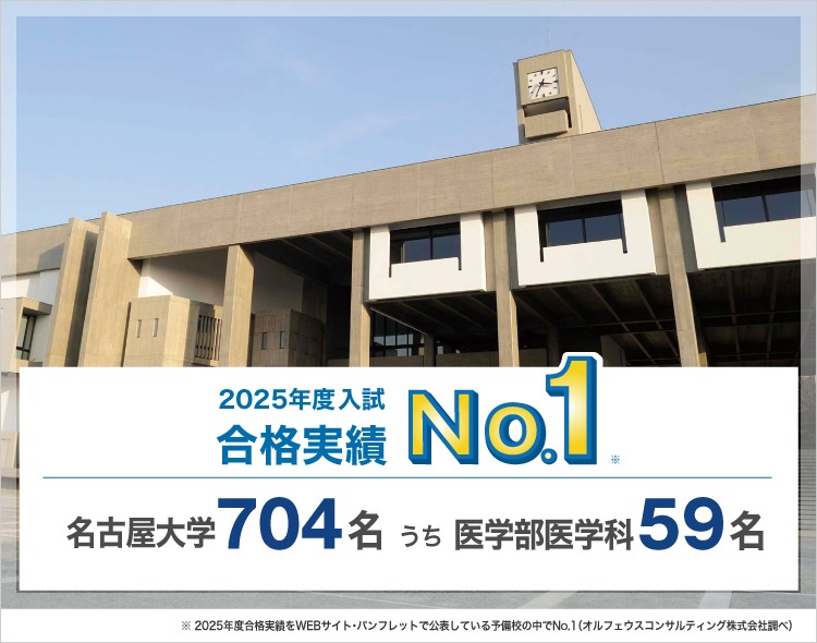 【2025年度入試 合格実績No.1】名古屋大学704名うち医学部医学科59名　※2025年度合格実績をWEBサイト・パンフレットで公表している予備校の中でNo.1（オルフェウスコンサルティング株式会社調べ）