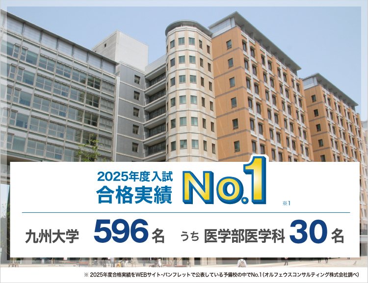 【2025年度入試 合格実績No.1】九州大学596名うち医学部医学科30名　※2025年度合格実績をWEBサイト・パンフレットで公表している予備校の中でNo.1（オルフェウスコンサルティング株式会社調べ）
