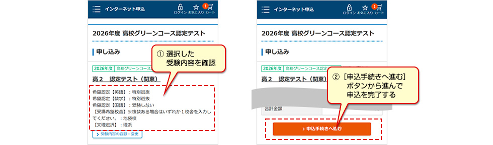 ① 選択した受験内容を確認　②［申込手続きへ進む］ボタンから進んで申込を完了する
