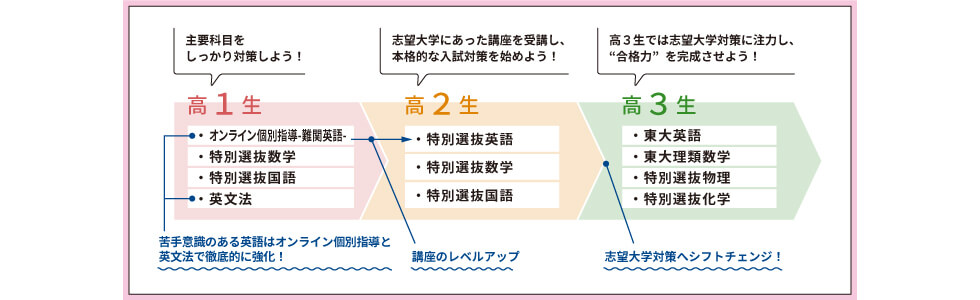 【高1生】主要科目をしっかり対策しよう！ 苦手意識のある英語はオンライン個別指導と英文法で徹底的に強化！ ・オンライン個別指導-難関英語-・特別選抜数学・特別選抜国語・英文法　【高2生】志望大学にあった講座を受講し、本格的な入試対策を始めよう！ 講座のレベルアップ ・特別選抜英語・特別選抜数学・特別選抜国語　【高3生】高3生では志望大学対策に注力し、“合格力” を完成させよう！ 志望大学対策へシフトチェンジ！ ・東大英語・東大理類数学・特別選抜物理・特別選抜化学