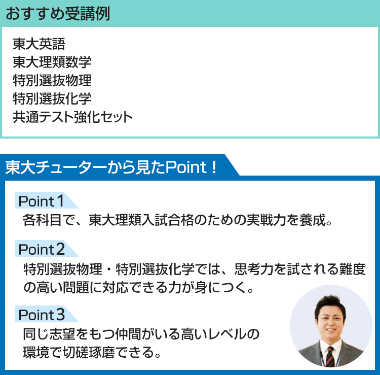 おすすめ受講例 東大英語 東大理類数学 特別選抜物理 特別選抜化学 共通テスト強化セット 東大チューターから見たPoint！ Point1 各科目で、東大理類入試合格のための実戦力を養成。 Point2 特別選抜物理・特別選抜化学では、思考力を試される難度の高い問題に対応できる力が身につく。 Point3 同じ志望をもつ仲間がいる高いレベルの環境で切磋琢磨できる。