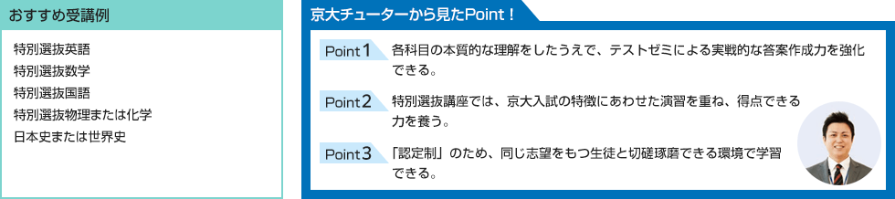 おすすめ受講例 特別選抜英語 特別選抜数学 特別選抜国語 特別選抜物理または化学 日本史または世界史 京大チューターから見たPoint！ Point1 各科目の本質的な理解をしたうえで、テストゼミによる実戦的な答案作成力を強化できる。 Point2 特別選抜講座では、京大入試の特徴にあわせた演習を重ね、得点できる力を養う。 Point3 「認定制」のため、同じ志望をもつ生徒と切磋琢磨できる環境で学習できる。