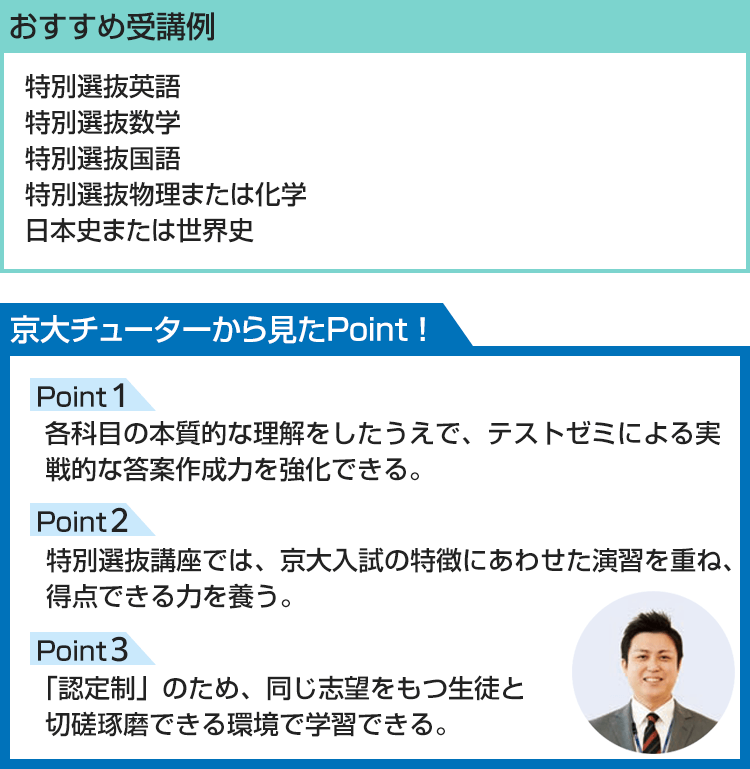 おすすめ受講例 特別選抜英語 特別選抜数学 特別選抜国語 特別選抜物理または化学 日本史または世界史 京大チューターから見たPoint！ Point1 各科目の本質的な理解をしたうえで、テストゼミによる実戦的な答案作成力を強化できる。 Point2 特別選抜講座では、京大入試の特徴にあわせた演習を重ね、得点できる力を養う。 Point3 「認定制」のため、同じ志望をもつ生徒と切磋琢磨できる環境で学習できる。