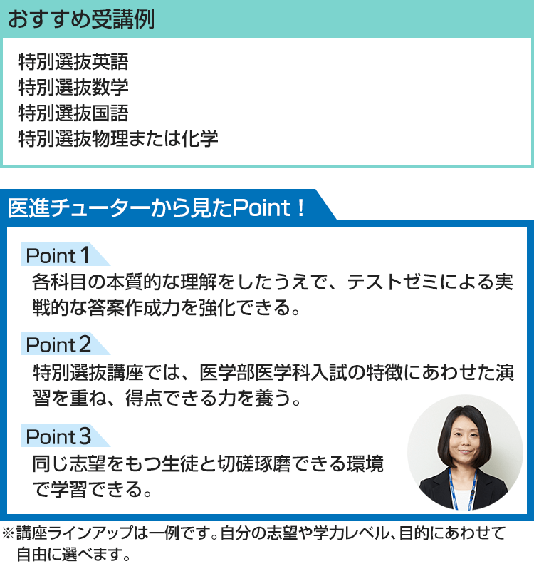 おすすめ受講例 特別選抜英語 特別選抜数学 特別選抜国語 特別選抜物理または化学 医進チューターから見たPoint！ Point1 各科目の本質的な理解をしたうえで、テストゼミによる実戦的な答案作成力を強化できる。 Point2 特別選抜講座では、医学部医学科入試の特徴にあわせた演習を重ね、得点できる力を養う。 Point3 同じ志望をもつ生徒と切磋琢磨できる環境で学習できる。※講座ラインアップは一例です。自分の志望や学力レベル、目的にあわせて自由に選べます。