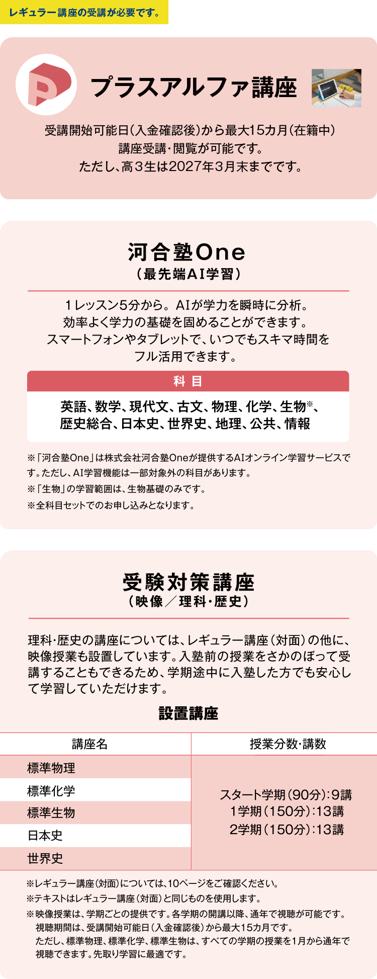 プラスアルファ講座 受講開始可能日（入金確認後）から最大15カ月（在籍中）講座受講・閲覧が可能です。ただし、高3生は2027年3月末までです。 河合塾One（最先端AI学習） 1レッスン5分から。AIが学力を瞬時に分析。効率よく学力の基礎を固めることができます。スマートフォンやタブレットで、いつでもスキマ時間をフル活用できます。 科目 英語、数学、現代文、古文、物理、化学、生物※、歴史総合、日本史、世界史、地理、公共、情報 ※「河合塾One」は株式会社河合塾Oneが提供するAIオンライン学習サービスです。ただし、AI学習機能は一部対象外の科目があります。※「生物」の学習範囲は、生物基礎までです。 ※全科目セットでのお申し込みとなります。 受験対策講座（映像／理科・歴史） 理科・歴史の講座については、レギュラー講座（対面）の他に、映像授業も設置しています。入塾前の授業をさかのぼって受講することもできるため、学期途中に入塾した方でも安心して学習していただけます。　設置講座 標準物理 標準科学 標準生物 日本史 世界史 スタート学期（90分）：9講 1学期（150分）：13講 2学期（150分）：13講 ※レギュラー講座（対面）については、10ページをご確認ください。 ※テキストはレギュラー講座（対面）と同じものを使用します。 ※映像授業は、学期ごとの提供です。各楽器の開講以降、通年で視聴が可能です。視聴期間は受講開始可能日（入金確認後）から最大15カ月です。ただし、標準物理、標準科学、標準生物は、すべての学期の授業を1月から通年で視聴できます。先取り学習に最適です。