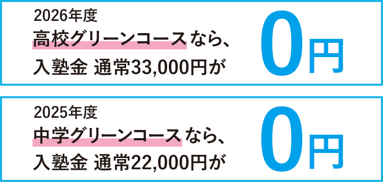 2026年度高校グリーンコースなら、入塾金 通常33,000円が0円。2025年度中学グリーンコースなら、入塾金 通常22,000円が0円。