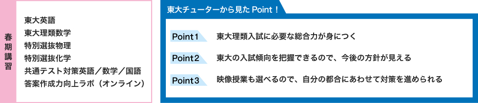 【春期講習】 東大英語 東大理類数学 特別選抜物理 特別選抜化学 共通テスト対策英語／数学／国語 答案作成力向上ラボ（オンライン） 【東大チューターから見たPoint！】 Point1 東大理類入試に必要な総合力が身につく Point2 東大の入試傾向を把握できるので、今後の方針が見える Point3 映像授業も選べるので、自分の都合にあわせて対策を進められる