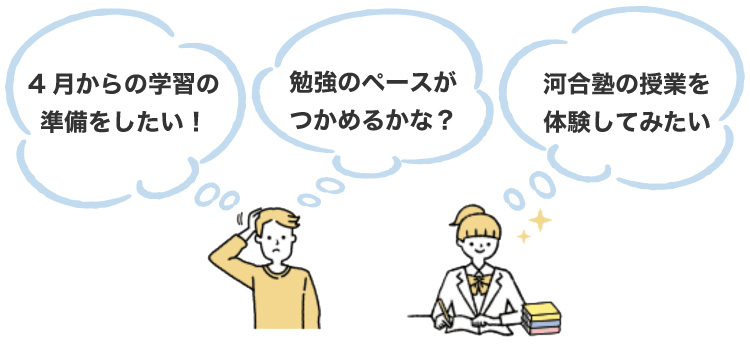 「4月からの学習の準備をしたい！」「勉強のペースがつかめるかな？」「河合塾の授業を体験してみたい」