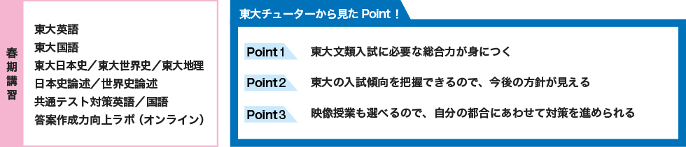 【春期講習】 東大英語 東大国語 東大日本史／東大世界史／東大地理 日本史論述／世界史論述 共通テスト対策英語／国語 答案作成力向上ラボ（オンライン） 【東大チューターから見たPoint！】 Point1 東大文類入試に必要な総合力が身につく Point2 東大の入試傾向を把握できるので、今後の方針が見える Point3 映像授業も選べるので、自分の都合にあわせて対策を進められる