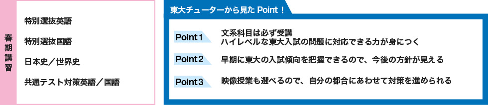 【春期講習】 特別選抜英語 特別選抜国語 日本史／世界史 共通テスト対策英語／国語 【東大チューターから見たPoint！】 Point1 文系科目は必ず受講 ハイレベルな東大入試の問題に対応できる力が身につく Point2 早期に東大の入試傾向を把握できるので、今後の方針が見える Point3 映像授業も選べるので、自分の都合にあわせて対策を進められる