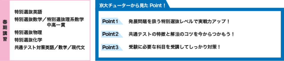 【春期講習】 特別選抜英語 特別選抜数学／特別選抜理系数学中高一貫 特別選抜物理 特別選抜化学 共通テスト対策英語／数学／現代文 【京大チューターから見たPoint！】 Point1 発展問題を扱う特別選抜レベルで実戦力アップ！ Point2 共通テストの特徴と解法のコツを今からつかもう！ Point3 受験に必要な科目を受講してしっかり対策！