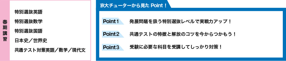 【春期講習】 特別選抜英語 特別選抜数学 特別選抜国語 日本史／世界史 共通テスト対策英語／数学／現代文 【京大チューターから見たPoint！】 Point1 発展問題を扱う特別選抜レベルで実戦力アップ！ Point2 共通テストの特徴と解放のコツを今からつかもう！ Point3 受験に必要な科目を受講してしっかり対策！