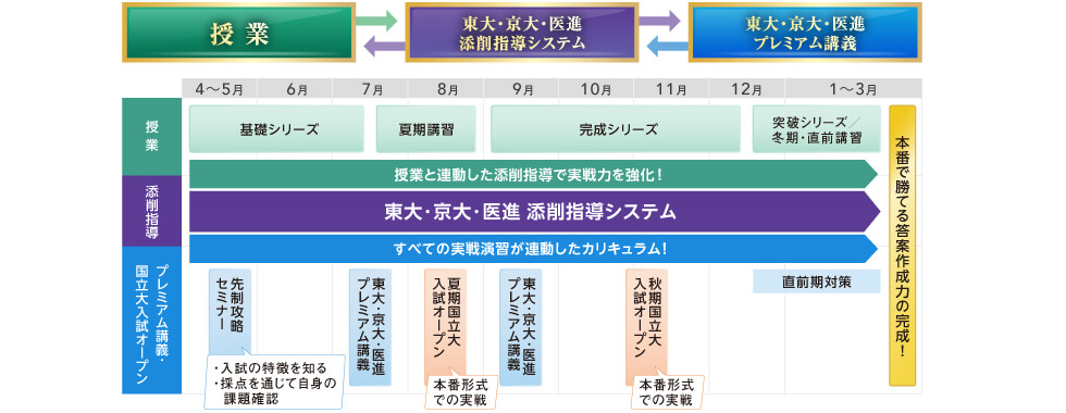 授業←→東大・京大・医進添削指導システム←→東大・京大・医進プレミアム講義 【授業】 4月～7月基礎シリーズ 7月～8月夏期講習 9月～12月完成シリーズ 12月～3月突破シリーズ／冬期・直前講習 【添削指導】 授業と連動した添削指導で実戦力を強化！ 東大・京大・医進 添削指導システム すべての実戦演習が連動したカリキュラム！ 【プレミアム講義・国立大入試オープン】 4月～5月先制攻略セミナー（・入試の特徴を知る・採点を通じて自身の課題確認） 7月東大・京大・医進プレミアム講義 8月夏期国立大入試オープン（本番形式での実戦） 9月東大・京大・医進プレミアム講義 11月秋期国立大入試オープン（本番形式での実戦） 12月～3月直前期対策 本番で勝てる答案作成力の完成！