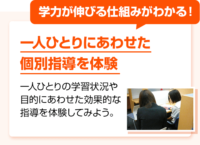 学力が伸びる仕組みがわかる！ 一人ひとりにあわせた個別指導を体験 一人ひとりの学習状況や目的にあわせた効果的な指導を体験してみよう。