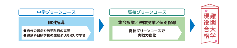 中学グリーンコース 個別指導 ●自分の弱点や苦手科目の克服 ●得意科目は学校の進度より先取りで学習　高校グリーンコース 集合授業／映像授業／個別指導 高校グリーンコースで実戦力強化　難関大学現役合格