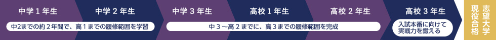中学1年生 中学2年生 中2までの約2年間で、高1までの履修範囲を学習 中学3年生 高校1年生 高校2年生 中3～高2までに、高3までの履修範囲を完成 高校3年生 入試本番に向けて実戦力を鍛える 志望大学現役合格